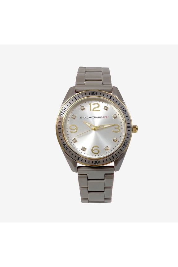 Isaac Mizrahi Live! Women's Analog Watch with Round Case, Rubber Strap, with Deployment Clasp, Gold and Cement Gray, Large