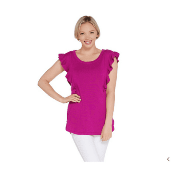 Isaac Mizrahi Live! Women's Sweater Flutter Sleeve Pullover, Festive Fuchsia, M