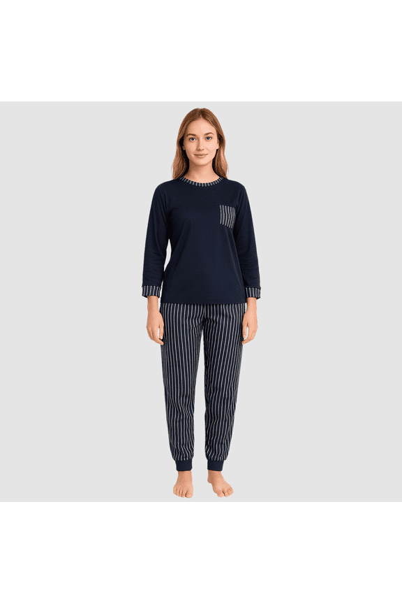 Long Sleeve Stripe Pajama Set (Navy, Small)