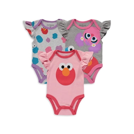Isaac Mizrahi Love Sesame Street Baby Girl Short Sleeve Bodysuits, 3-pack