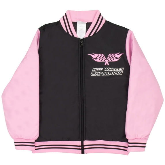 Hot Wheels Girls Bomber Jacket with Race Car Graphic Design Zip Up Varsity Jacket for Big Kids and Teens (Sizes 7-16)