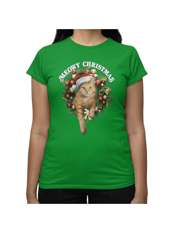 Limited Women's Christmas Meowy Cat Santa Hat Wreath Ornaments T-Shirt (Irish Green, S-XXL)