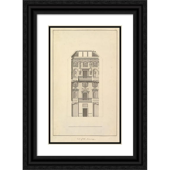 Isaac Ware 12x18 Black Ornate Wood Framed Double Matted Museum Art Print Titled - End of Staircase, Houghton Hall, Norfolk (1735)