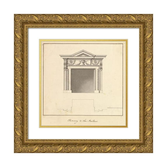 Isaac Ware 15x15 Gold Ornate Wood Frame and Double Matted Museum Art Print Titled - Chimney to the Parlour, Houghton Hall, Norfolk (1735)