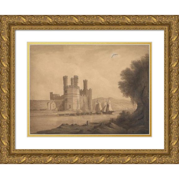 Isaac Weld 18x14 Gold Ornate Wood Frame and Double Matted Museum Art Print Titled - Caernarvon (Castle) Eagle Tower (ca. 1809)