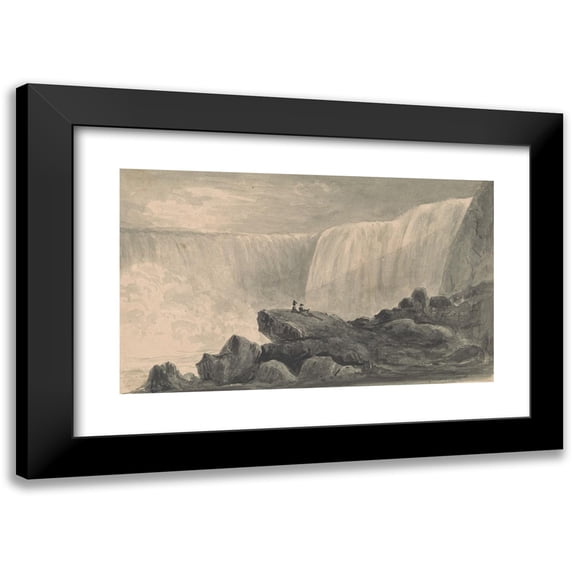 Isaac Weld 24x16 Black Modern Framed Museum Art Print Titled - View of Niagara Falls with Two Figures Sitting on a Rock Center Foreground (Between 1795 and 1797)