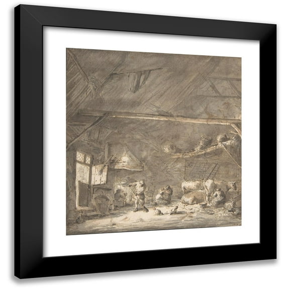 Isaac van Ostade 15x16 Black Modern Framed Museum Art Print Titled - Barn Interior with Peasants and Cows (17th Century)
