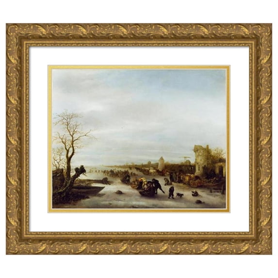 Isaac van Ostade 18x15 Gold Ornate Wood Frame and Double Matted Museum Art Print Titled - A Winter Scene (Mid 1640s)