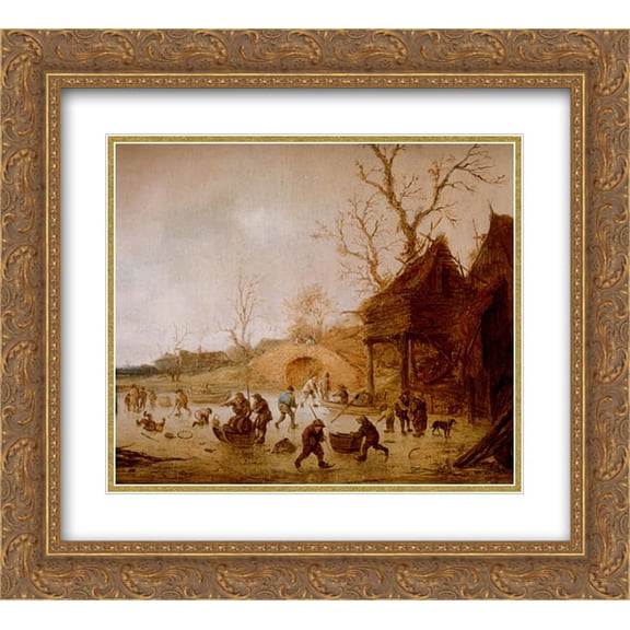Isaac van Ostade 2x Matted 22x20 Gold Ornate Framed Art Print 'A Winter Landscape with Skaters, Children Playing Kolf and Figures with Sledges on the Ice near a Bridge'