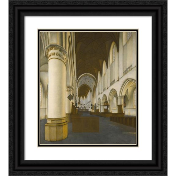 Isaak van Nickelen 20x23 Black Ornate Framed Double Matted Museum Art Print Titled: Interior of St Bavo's, Haarlem (1696)