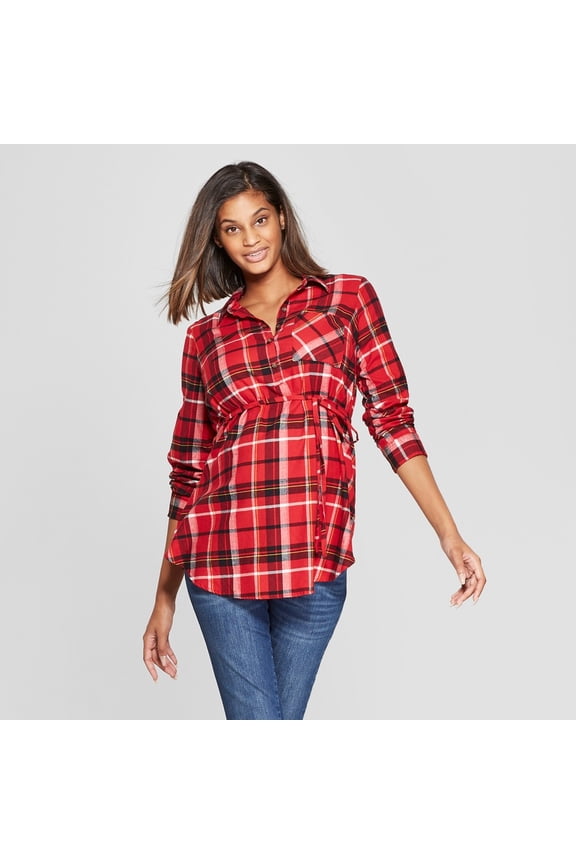 Isabel Maternity By Ingrid & Isabel Women's Maternity Plaid Flannel Popover Tunic - Red Plaid - (Large)