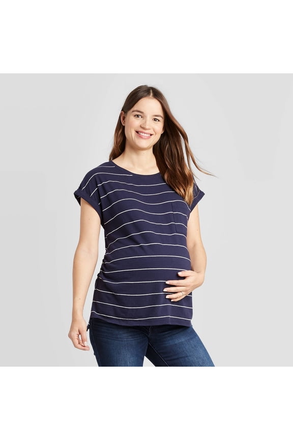 By Ingrid & Isabel Women's Maternity Striped Short Sleeve Round Neck Linen Like Cuff T-Shirt - Navy Stripes - (Medium)