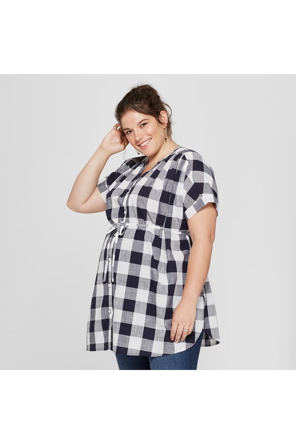 Isabel Maternity by Ingrid & Isabel Maternity Plus Size Dolman Short Sleeve Button Down Top - Navy Gingham - (1X)