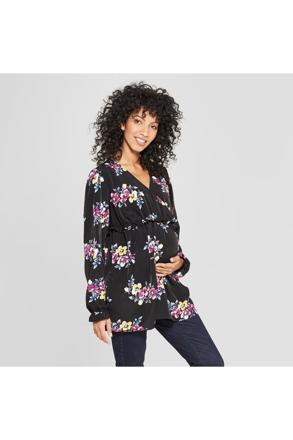 Isabel Maternity by Ingrid & Isabel Women's Maternity Long Sleeve Floral Print Ruffle Crossover Blouse - Black Multifloral - ( Large)