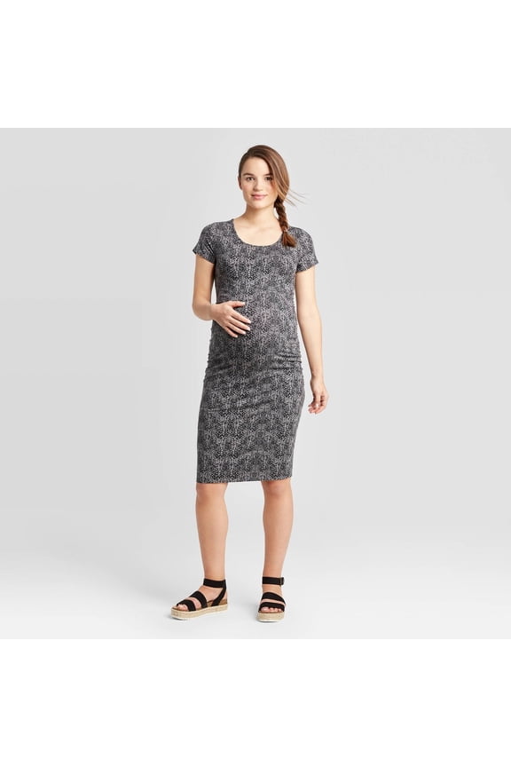 Isabel Maternity by Ingrid & Isabel Women's Maternity Short Sleeve Side Ruched Scoop Neck T-Shirt Dress - Black/Grey Print - (Large)