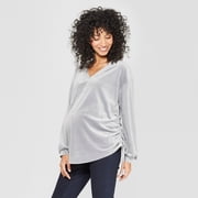 Isabel Maternity by Ingrid & Isabel Womens Maternity Super Soft Velour Side Ruched V-Neck Pullover Sweatshirt - Light Grey Solid - Large