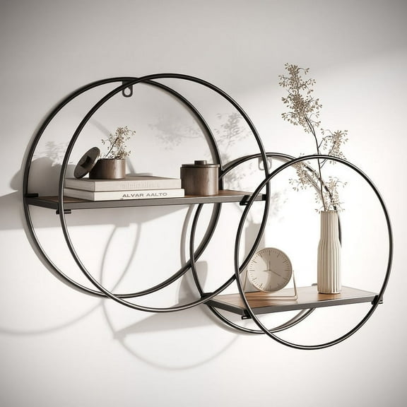 Isabella Black Round Wood-Metal Modern Wall Shelf
