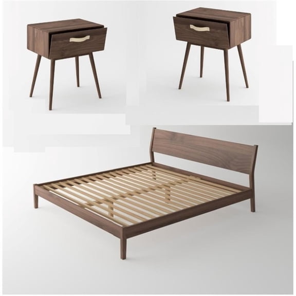 Isabella Mid Century Solid Black Walnut Bedroom Set (King Bed + 2 Nightstands)