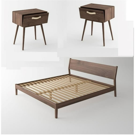 Isabella Mid Century Solid Black Walnut Bedroom Set (Queen Bed + 2 Nightstands)