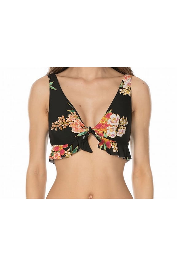 Black Multi Floral Print Ruffled Halter Bikini Top L