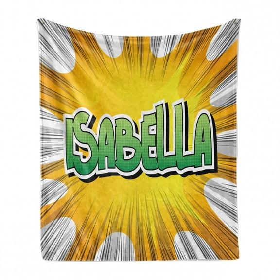 Isabella Soft Flannel Fleece Blanket, American Birth Name on Retro Style Fun Cartoon Backdrop Poster Design, Cozy Plush for Indoor and Outdoor Use, 50" x 60", Yellow Green and White, by Ambesonne