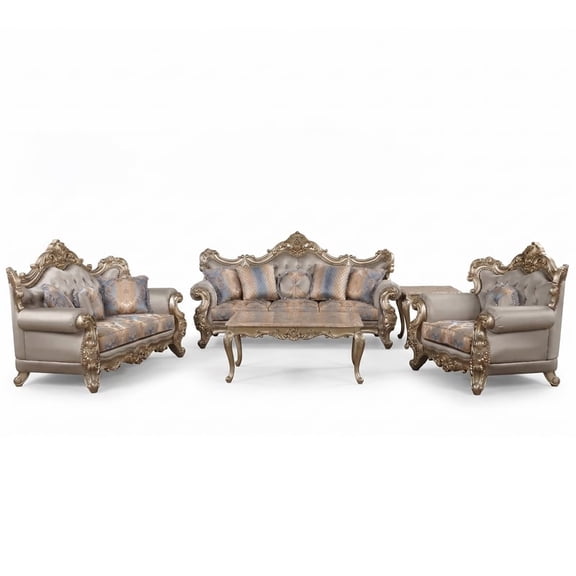 Isabella Traditional 5-Pc Living Room Set in Gray/Gold/Blue