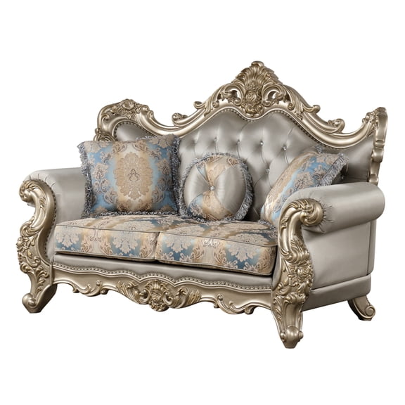 Isabella Traditional Loveseat with Carved Wood Frame in Gray/Gold/Blue