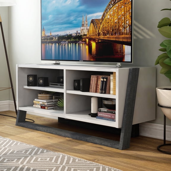 Isabelle 4-Shelf Wood 49.5" TV Stand, White; Distressed Gray