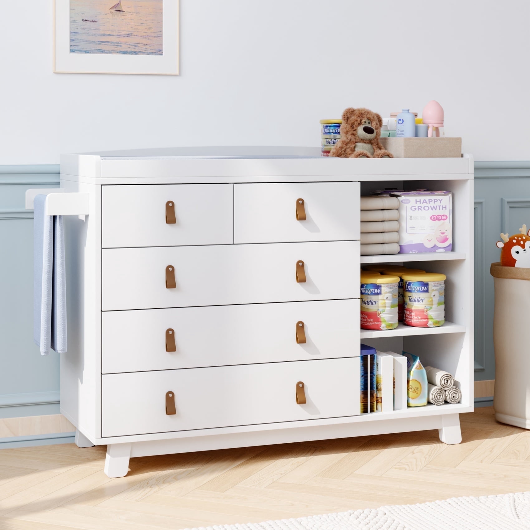 Modern Baby Dresser with Changing Table, 47.3" L x 17.7" D x 35.4" H, 5-Drawer Nursery Storage Organizer with Adjustable Shelves & Safety Rail, White