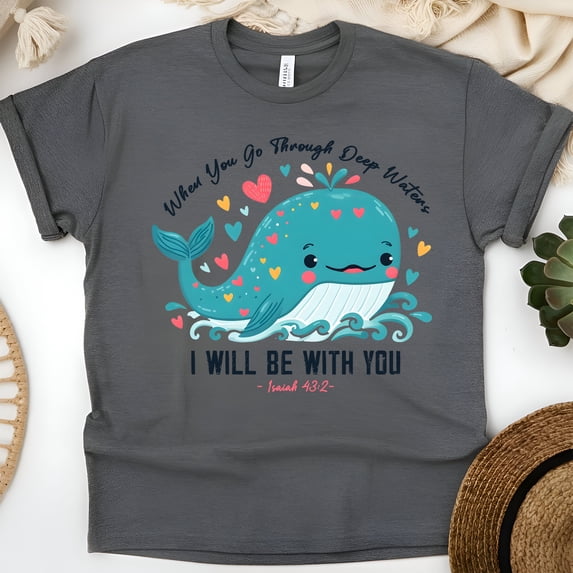 Isaiah 43:2 When You Go Through Deep Waters Christian Whale T-Shirt, Dark Heather, Size 3XL