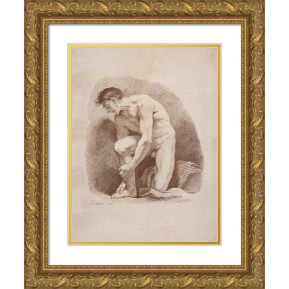 Isak Henningsen 19x24 Gold Ornate Framed and Double Matted Museum Art Print Titled - Male Model Resting on Left Knee (1754 - 1758)