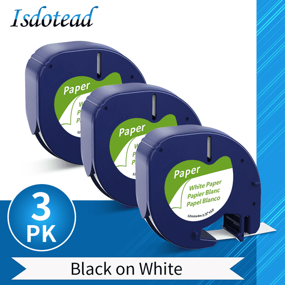 Isdotead 3-Pack Replace for Dymo Letratag Label Maker Refills 91330 12mm x 4m 1/2 x 13, Black on White for Dymo Label Maker Refills for Dymo Letratag Refills for Dymo Letra Tag LT-100H Plus Printer