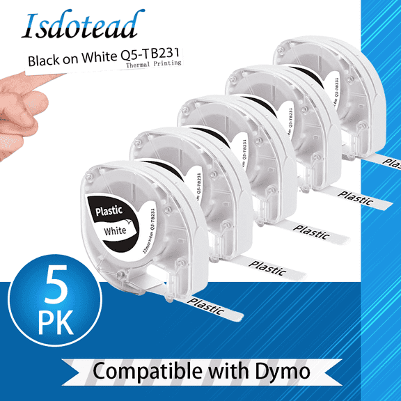 Isdotead 5 Pack Compatible with Dymo Label Maker Refills LT-100H, 100T, 200B, Compatible with Phomemo P12, LT12, P12PRO Label Printer, P12 Label Maker Tape, 12mm x 4m for Home Office, Black on White