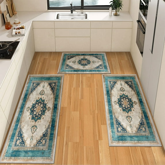IsecretJoy Non Slip Kitchen Rugs Sets of 3, Washable Kitchen Mats for Floor Waterproof & Stain Resistant Runner Rug for Kitchen, Laundry Room, Hallway