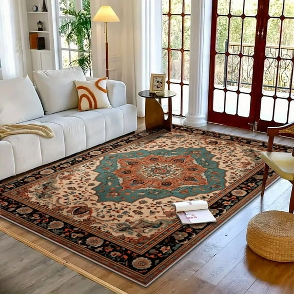 IsecretJoy Vintage Boho Area Rugs for Living Room,4x6 Machine Washable Floral Bedroom Rug, Low Pile Kids Room Print Carpet, No Slip Rugs for Office Kitchen Home Decor