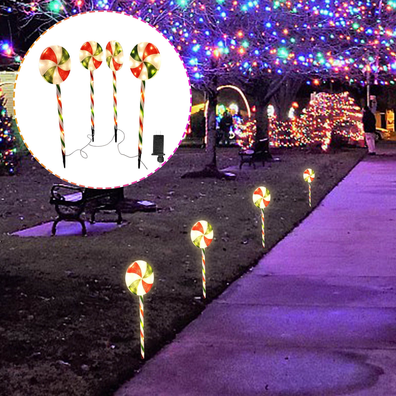 Iseuj Home 4 Pack Christmas Lights Outdoor, 80LED Lollipop Peppermint