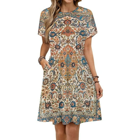 Isfahan Antique Central Persian Carpet Print Dress Summer Street Style Dresses Female Short Sleeve Printed Sundress