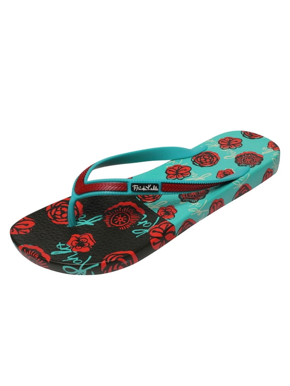 Official Frida Kahlo Green Flower Signature Women Flip-Flop Sandal Size 6-10