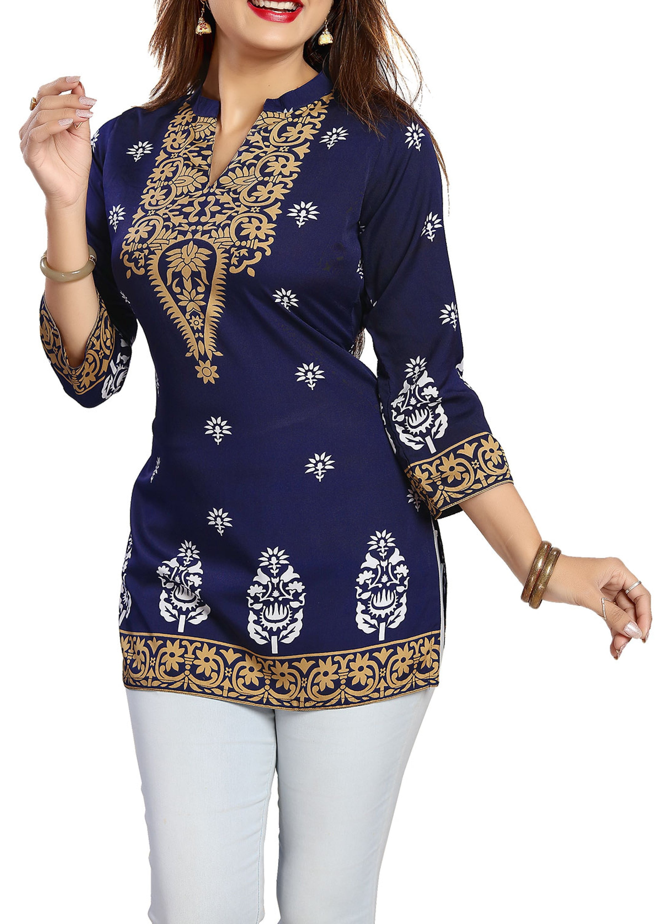 IshDeena Indian Kurtis for Women Indian Style Printed Embroidered Tunics  Womens Tops Kurta (Extra Large, Navy Blue - 0622ID4) 