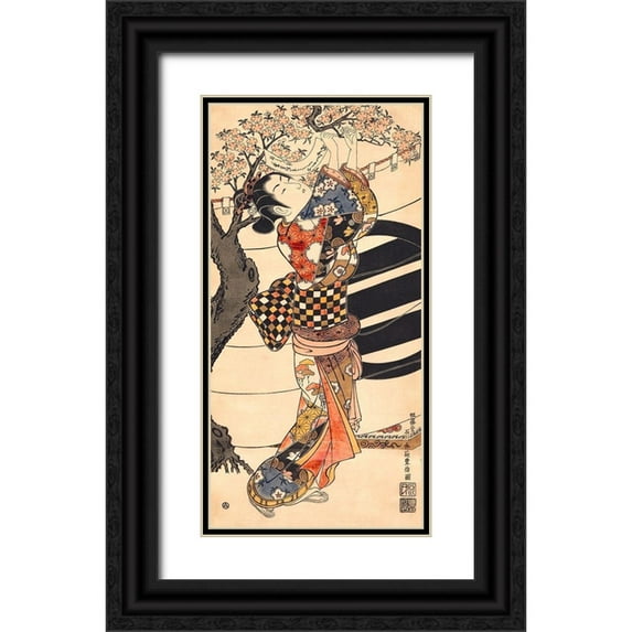 Ishikawa, Toyonobu 11x18 Black Ornate Wood Framed with Double Matting Museum Art Print Titled - Hanging poems on a cherry tree