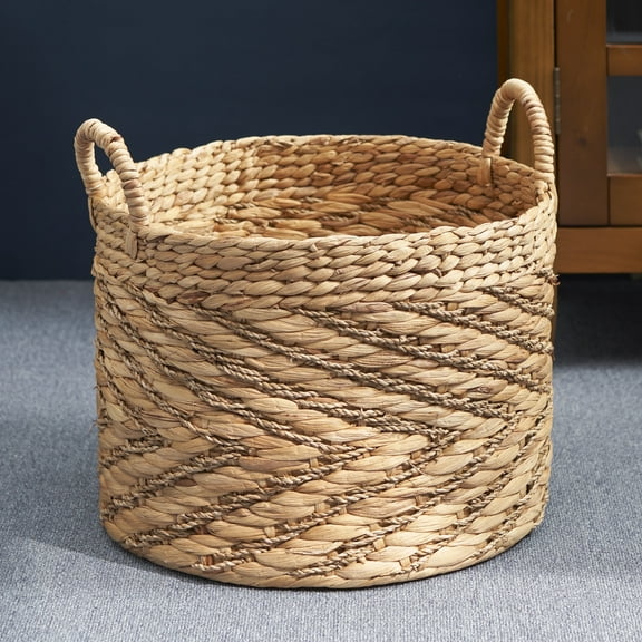 SOL HOME Round Water Hyacinth Woven Basket with Handles, Brown, Solid Print