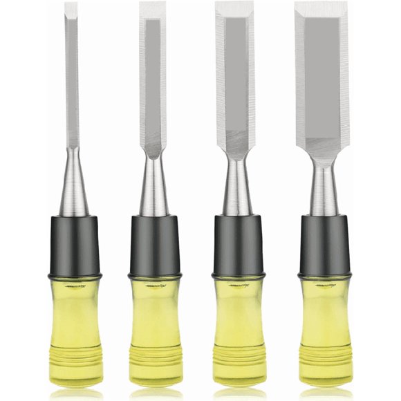 Iskazio Hand-operated tools, namely, chisels,4 Piece Wood Chisel Set for Woodworking. CR-V Steel Beveled Edge Blades with Safety Caps (1/4", 1/2", 3/4", 1")