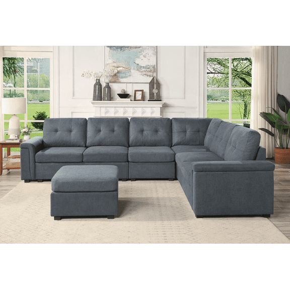 Isla Gray Woven Fabric 7-Seater Sectional Sofa with Ottoman for Small Spaces|Modular Design for Easy Assembly|Removable Cushions