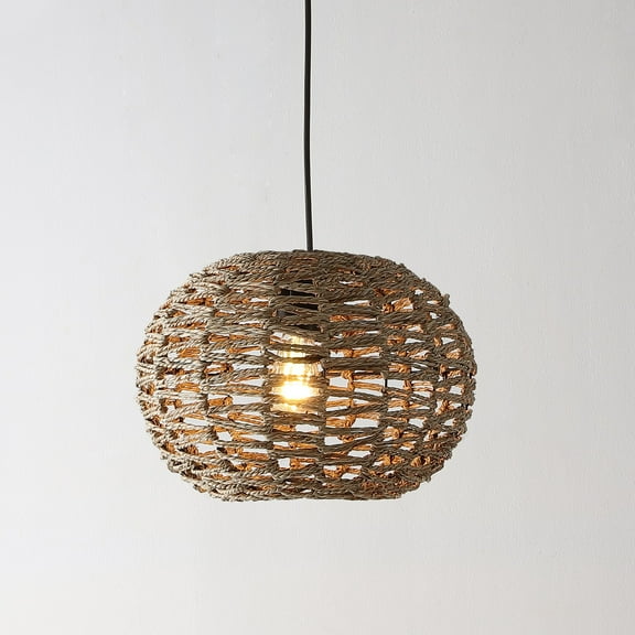 JONATHAN Y Isla 14" 1-Light Farmhouse Coastal Rattan 180" Cord Plug-In or Hardwired LED Pendant, Brown