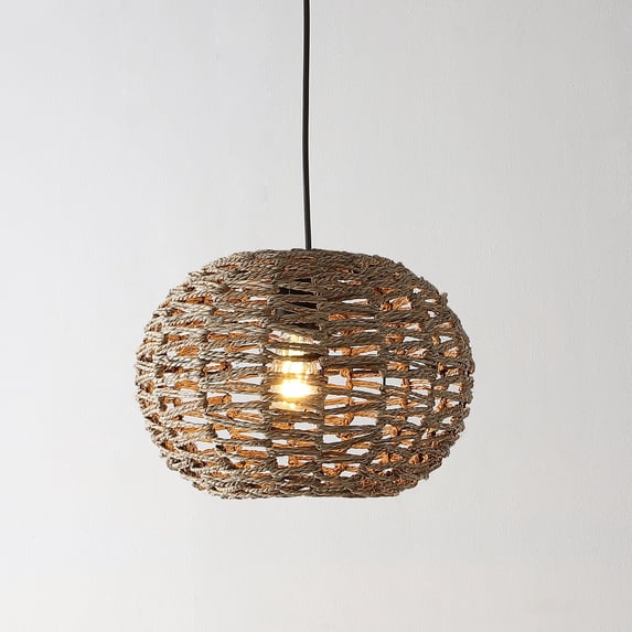 JONATHAN Y Isla 14" 1-Light Farmhouse Coastal Rattan 180" Cord Plug-In or Hardwired LED Pendant, Brown