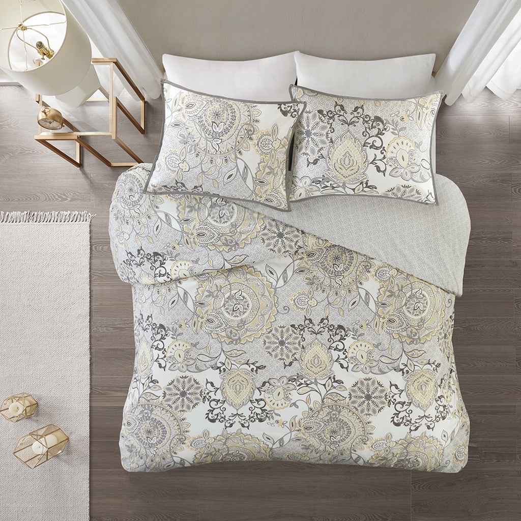 Yellow Full/Queen Cotton Floral Reversible Duvet Cover Set