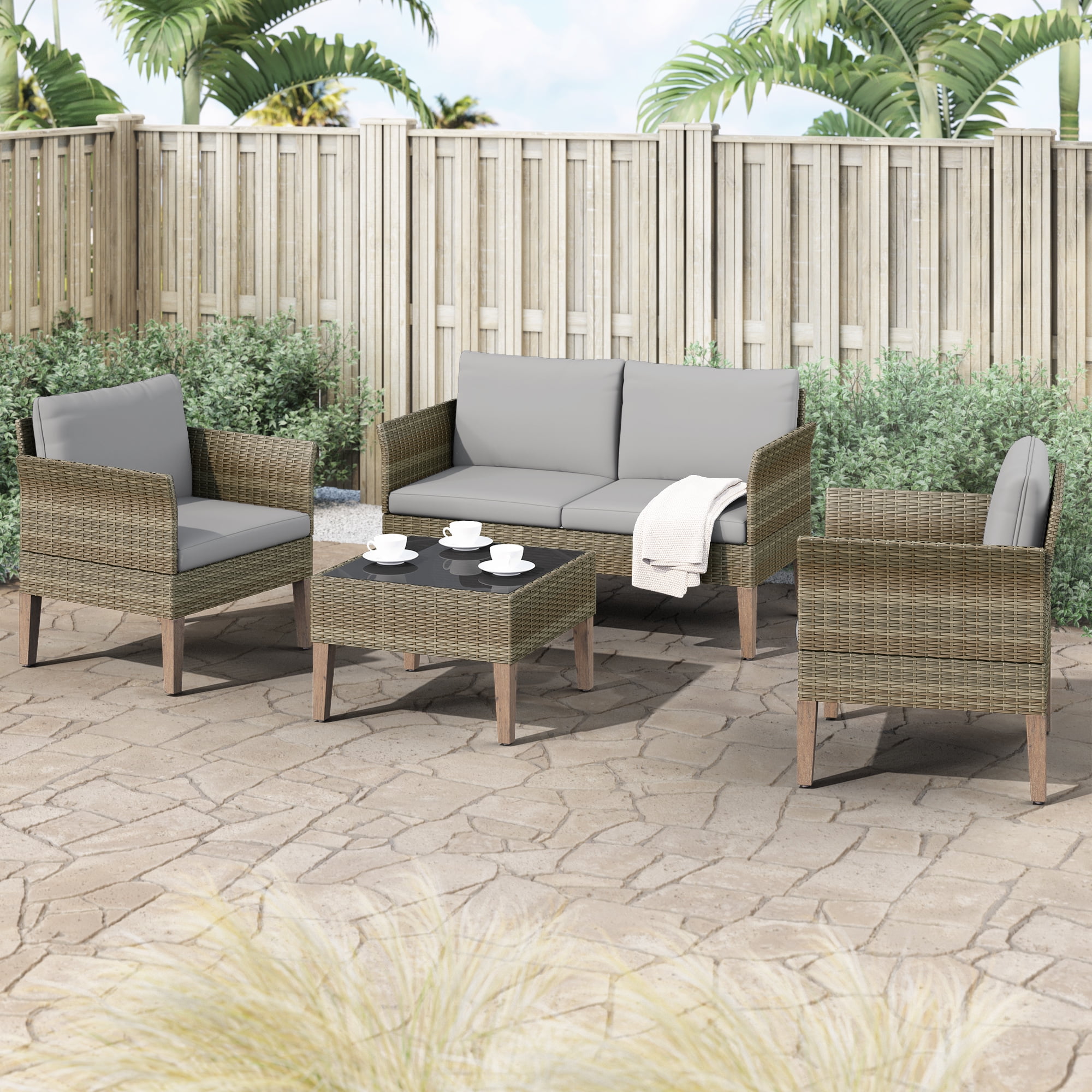 Isla 4-Piece Stone Gray Wicker Outdoor Conversation Set