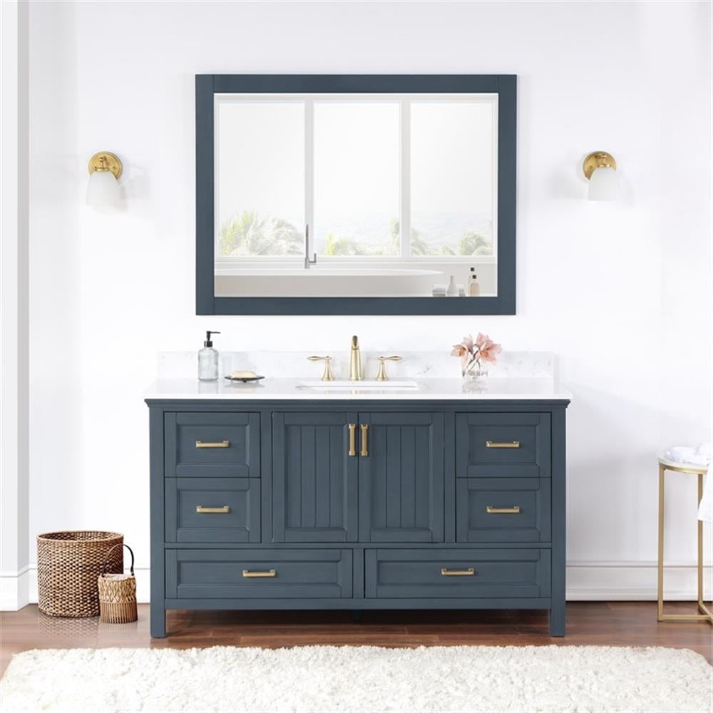 Isla 60" Classic Blue Farmhouse Vanity with Aosta White Stone Countertop