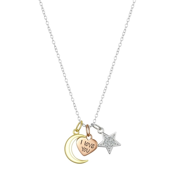 Isla & Alex Sterling Silver Tri-Tone "I Love You to the Moon & Back" Heart Star Moon Charm Pendant Necklace