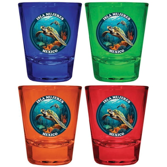 Isla Mujeres Mexico Design B Souvenir Full Color 2 oz Round Shot Glass Multicolor (4-Pack)